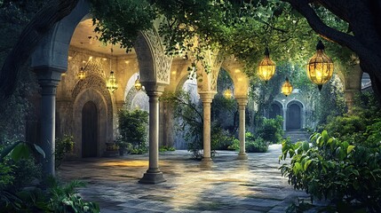 Fototapeta premium Magical Courtyard Night, Garden, Arches, Lanterns, Fantasy