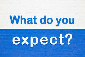 What do you expect? Colored letters against a white and blue brick wall. Job interview, expectations, requirements, experience. 3D illustration