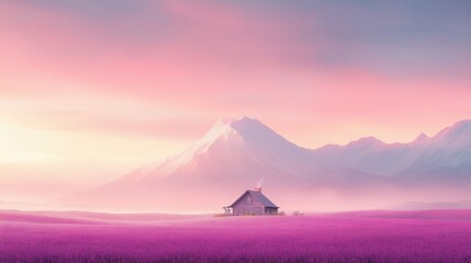 A small house is in the middle of a field of purple flowers