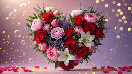 Sloral heart of red roses, pink peonies, and white lilies glows with soft bokeh lights, golden glitter, and floating bubbles, set against a dreamy blush pink and lavender background.