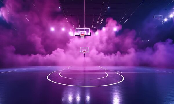 Pink smoke-filled indoor basketball court
