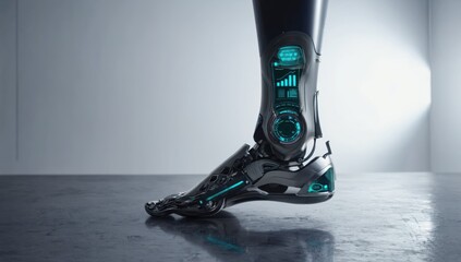 Advanced robotic leg featuring a glowing interface, taking a step in a sleek, minimalist environment, highlighting the future potential of artificial limbs and innovative technology