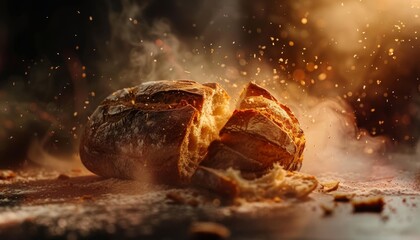 Primo piano di una pagnotta di pane appena sfornata, rotta a metà. Un'atmosfera che evoca la freschezza e la genuinità del pane artigianale fatto in casa