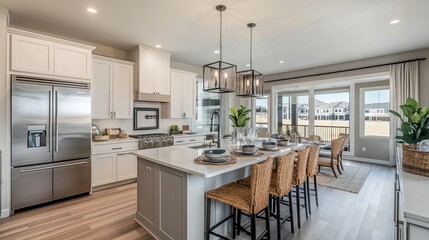 Fototapeta premium A modern kitchen with sleek cabinets and high-end appliances in a newly built home. picture