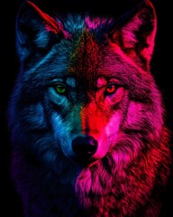 Fototapeta premium A portrait of a wolf colored in blue, red and pink light isolated on a black background