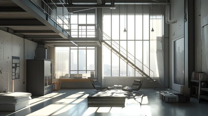 A modern loft with large windows, a metal staircase, and minimalist furniture. picture