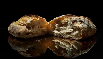 Primo piano di una pagnotta di pane appena sfornata, rotta a metà. Un'atmosfera che evoca la freschezza e la genuinità del pane artigianale fatto in casa