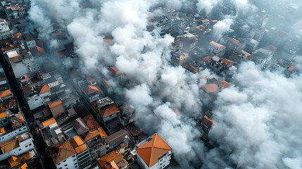 Aerial view of a city engulfed in thick smoke urban environment drone photography atmospheric conditions high angle perspective environmental impact