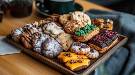 A plate of assorted cookies and biscuits arranged neatly on a wooden tray