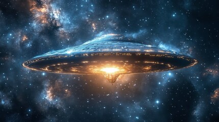 Obraz premium A massive starship passing through a glowing interstellar gateway