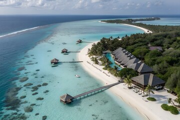 Aerial view of tropical island paradise with bungalows beach and turquoise water ai generated