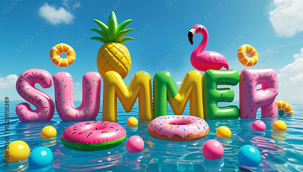 Fototapete summer 3d text inflated lettering design with summer elements. 3d swim pool party background. 3d cut