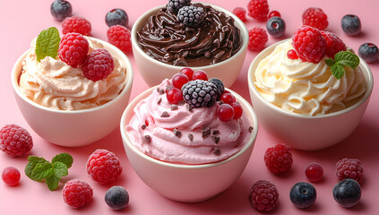 Assorted Whipped Cream Desserts with Fresh Berries and Chocolate – Sweet Treats, Gourmet Dessert Bowls, and Colorful Ice Cream Alternative