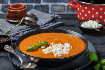 roast tomato soup in a bowl, top view