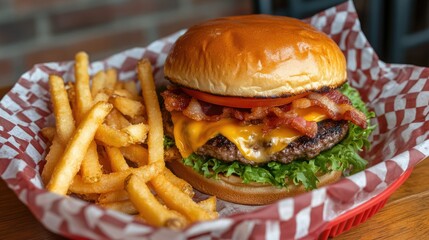 Juicy cheeseburger with bacon served with crispy fries in a rustic diner setting