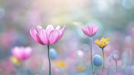 Fototapeta premium Soft Easter Background with Pink, Yellow, and Blue Eggs Creating a Calm Joyful Vibe