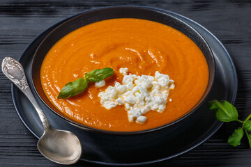 roast tomato soup in a bowl, top view