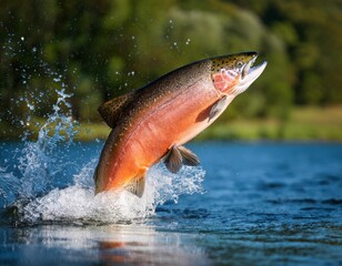 close up big salmon jump out splashing water on nature background
