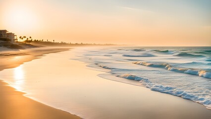 Obraz premium Serene sunrise over a tranquil beach with gentle waves lapping golden sand near beachfront properties.