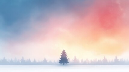 Obraz premium A tree stands in a snowy field with a pink and blue sky in the background