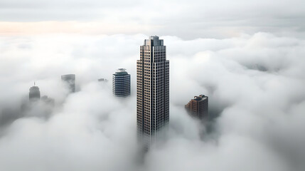 Majestic highrise office building emerges from dense fog urban landscape aerial photography mysterious atmosphere serene viewpoint architectural marvel