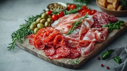 A charcuterie board featuring salami, ham, and prosciutto with olives and breadsticks.