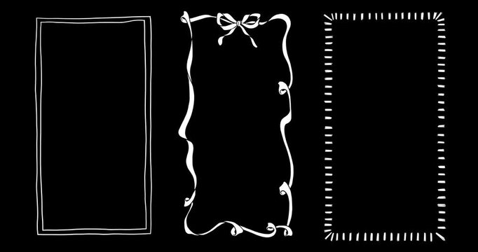Whimsical Hand-Drawn Vintage Animated Frames Pack. Doodle Loop Borders with Hearts, Wavy Lines, Bows, and Ribbons. A Coquette Retro Set for Weddings, Holidays, and Party Decorations. Alpha Channel. 