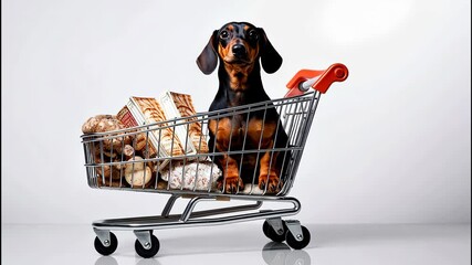A playful dachshund enjoys a fun shopping trip filled with treats at a grocery store