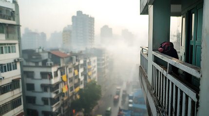 High angle shot of a crowded city under thick fog urban environment photography atmospheric viewpoint urban life concept