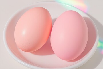 Fototapeta premium two pastel peach eggs neatly placed on white ceramic plate surrounded by subtle reflections of light