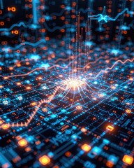 Obraz premium A vibrant, abstract digital landscape showcasing glowing lines and patterns, symbolizing data flow and technological innovation.