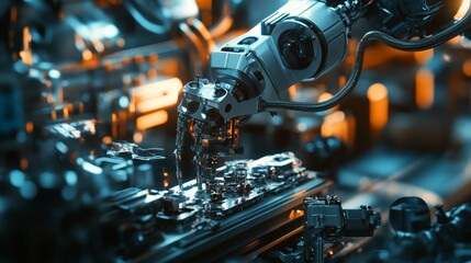 Fototapeta premium Industrial Automation: A close-up of a robotic arm performing a precise task on an assembly line, highlighting the intricate machinery and cutting-edge technology used in modern manufacturing.