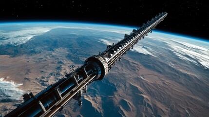 Obraz premium A space elevator stretching from Earth's surface to a massive spaceport in orbit