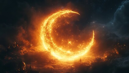 Fiery Crescent Moon Amidst Dark Clouds Creating a Dramatic and Mystical Atmosphere

