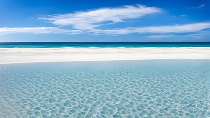 Obraz premium Idyllic beach scene with crystal-clear turquoise water lapping a pristine white sand shore under a vibrant blue sky.