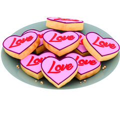 3d render love cookies plate with transparent background