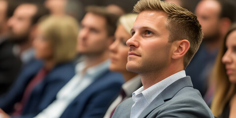 Obraz premium A group of professionals in business attire attending a seminar, discussing strategies for digital innovation.