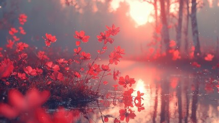 Fototapeta premium Red flowers sunrise lake misty forest peaceful nature scene
