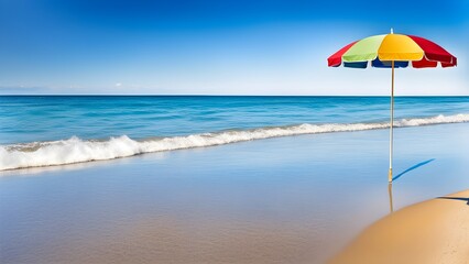 A colorful beach umbrella stands alone on a tranquil sandy beach, bathed in sunlight against a backdrop of a clear blue ocean and sky.