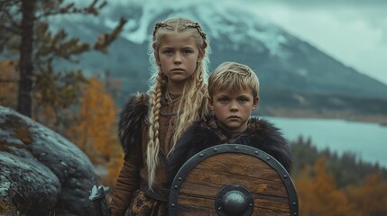 Young Viking Children Stand Guard in Autumn Landscape