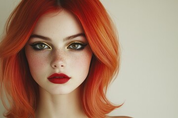 close-up of fiery red ombré hair with dramatic smoky eyes in black and gold finished with matte red lips