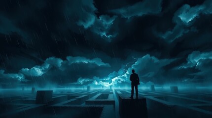 Fototapeta premium night sky, stormy clouds, lightning, silhouette, person standing, dramatic