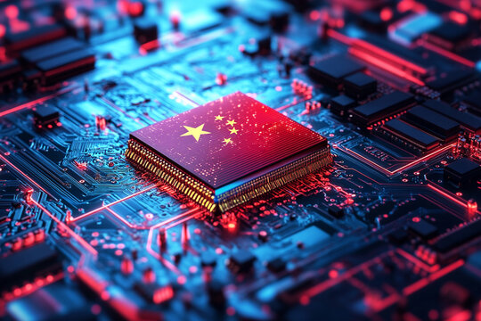 AI creative artificial Intelligence icon on flag of China and sunset sky background, Chips and Brain. Neural networks and machine learning concept. Deepseek, Chatgpt