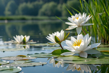 Water lily white and yellow flowers in the lake. Generative AI
