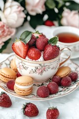 Soft-colored macarons with pink eggs and blossoms on a plate beside a cup of tea, evoking springtime elegance.