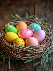Naklejka premium A basket of colorful eggs with a green leaf in the background. The eggs are arranged in a circle, with some of them being larger than others. The basket is placed on a wooden surface