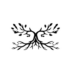 Symmetrical Tree Roots and Branches: Black and White Botanical Illustration