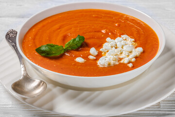 roast tomato soup in a bowl, top view