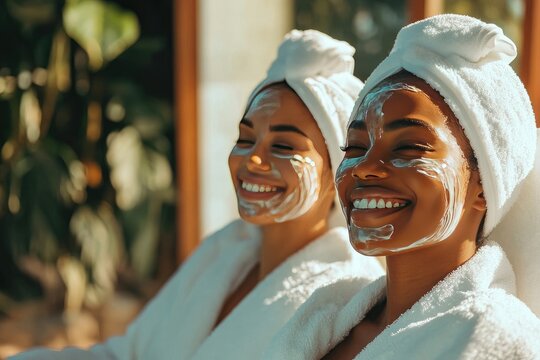 Two women enjoy a relaxing spa day with face masks