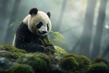 Obraz premium An adorable panda happily munches on fresh bamboo in a lush, misty forest, showcasing nature's beauty and peaceful atmosphere during a tranquil moment